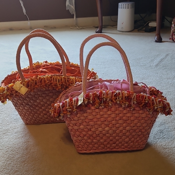 Straw Studios Handbags - Straw Studios NWT Pink & Orange Woven Straw Totes With Button Trim